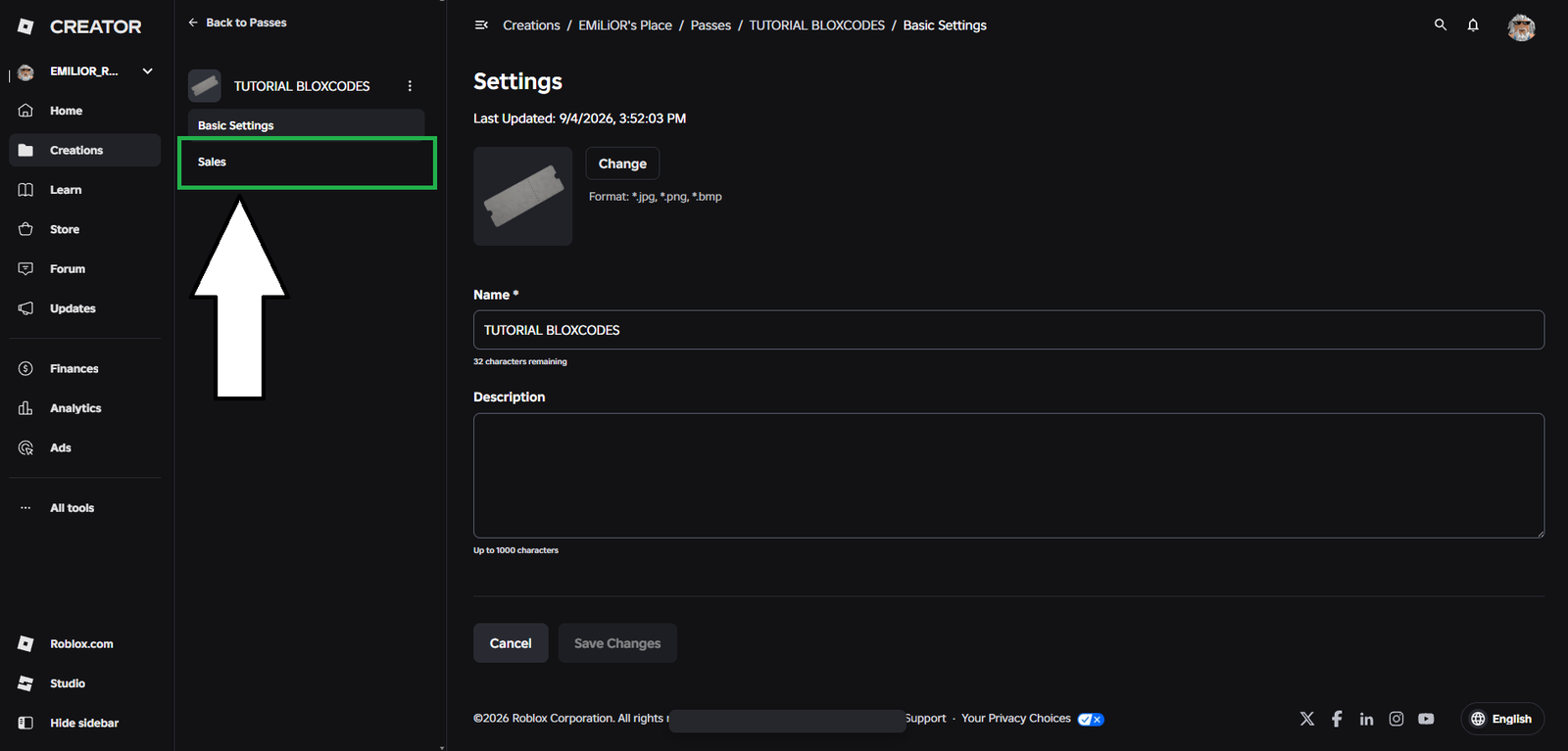 Roblox gamepass tutorial step 12 - Sales menu configuration