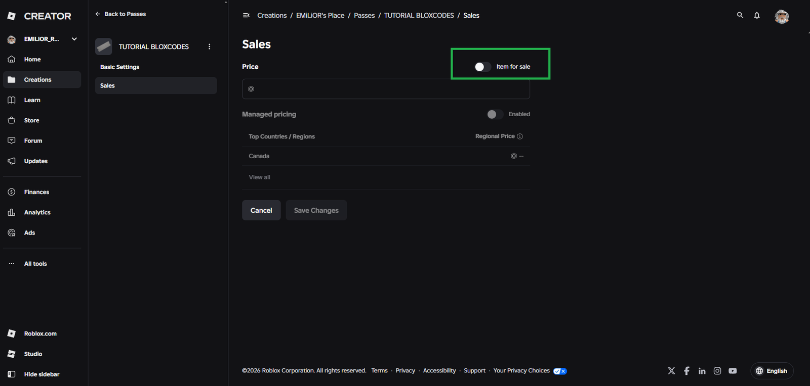Roblox gamepass tutorial step 13 - Enable item for sale switch