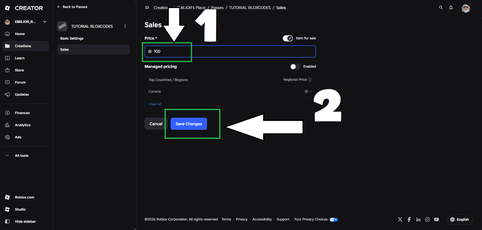 Roblox gamepass tutorial step 14 - Set price and save changes