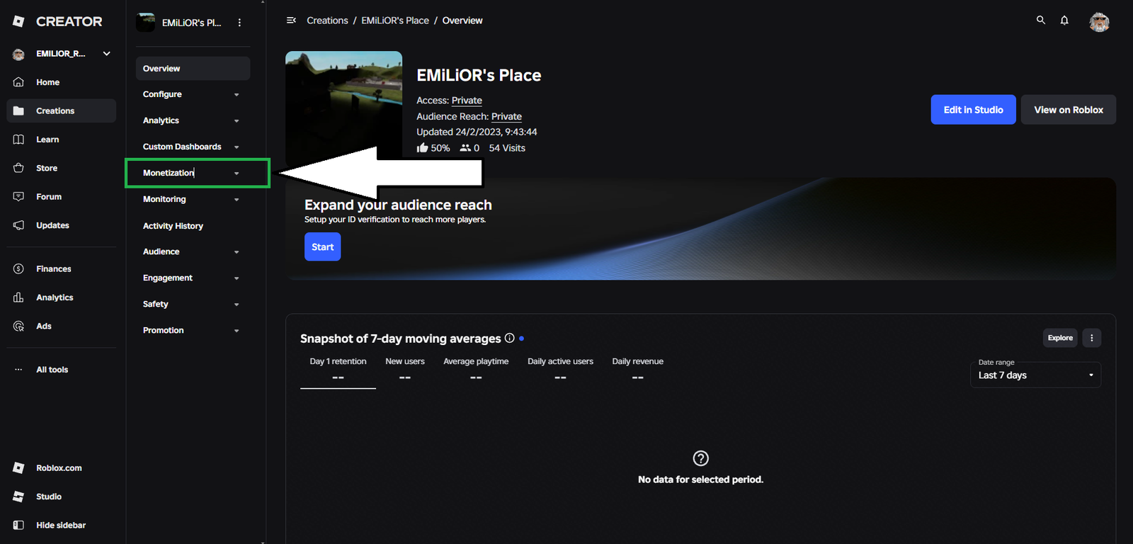 Roblox gamepass tutorial step 4 - Experience dashboard
