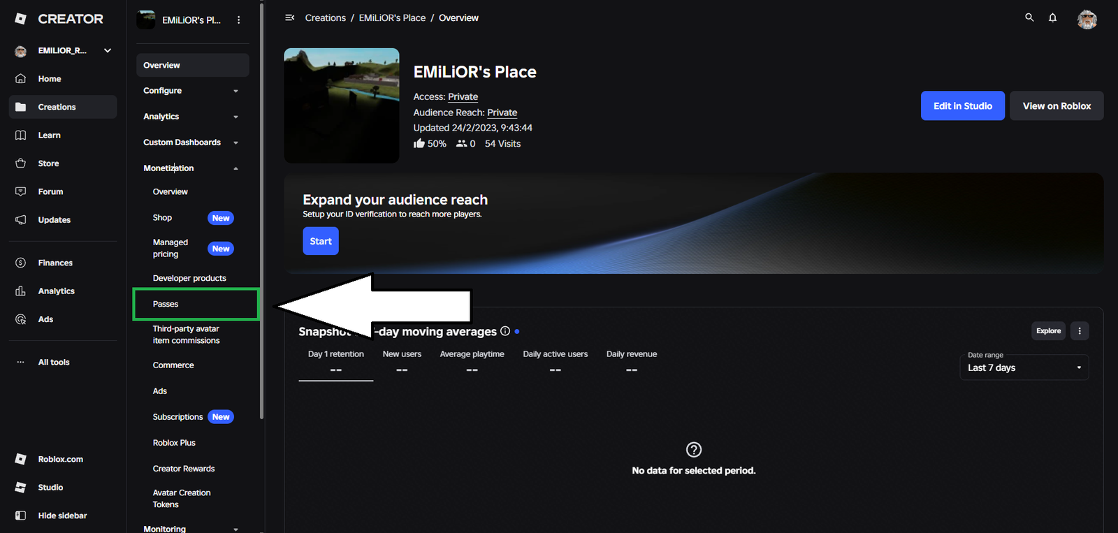 Roblox gamepass tutorial step 5 - Passes option