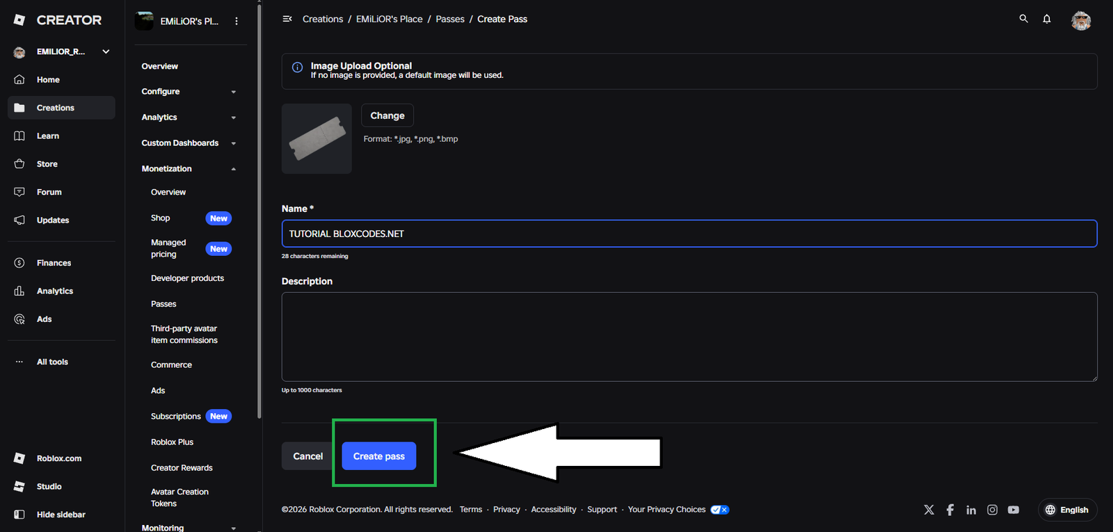 Roblox gamepass tutorial step 9 - Click create pass button